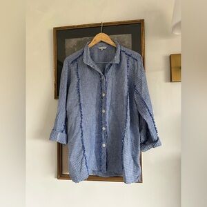 John Mark Linen Top with Yarn Dye Fringe Stripe sz L - Stunning!!